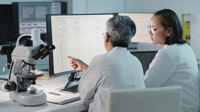 Two researchers observe data on a monitor in a laboratory. 