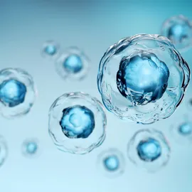 Metabolomics molecular analysis with floating blue cellular structures.