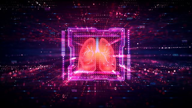 Illustration of human lungs surrounded by glowing dots and lines. 