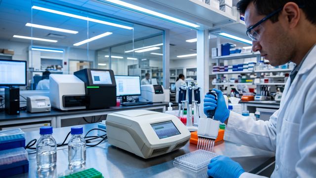 AI-generated scientist pipetting samples for 16S rRNA amplicon sequencing next to a benchtop sequencing instrument. 