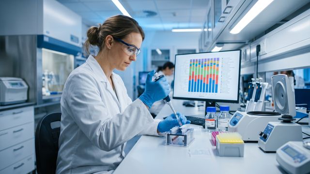 AI-generated image of a scientist processing clinical specimens for shotgun metagenomics in a modern genomics laboratory. 