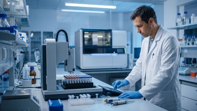 AI-generated image of a scientist operating a liquid handling robot during whole exome sequencing library preparation. 