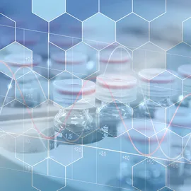 Laboratory samples with molecular structures and scientific data graphs overlaid.