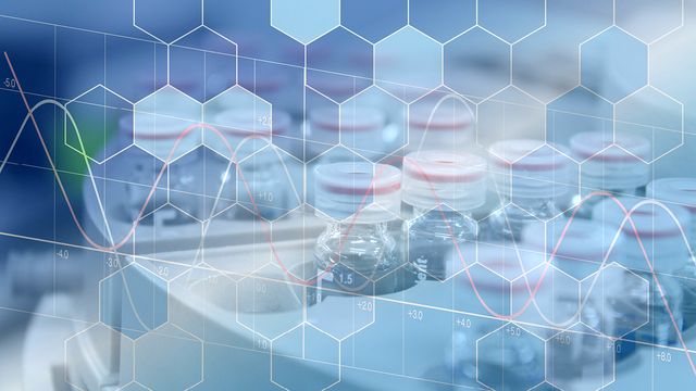 Laboratory samples with molecular structures and scientific data graphs overlaid. 