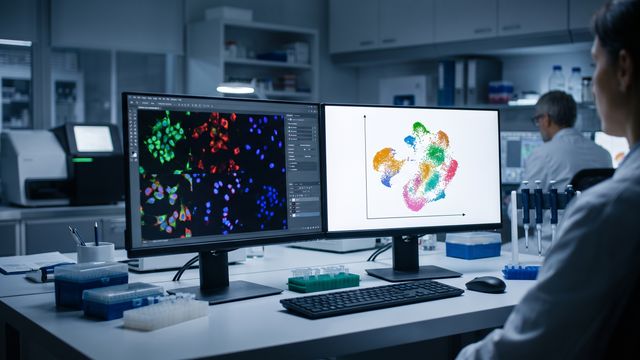 AI-generated image of a genomics lab workstation displaying single-cell UMAP clustering data on a monitor. 