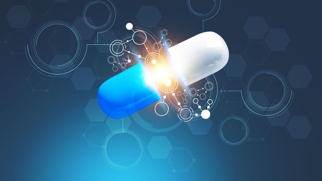 Drug capsule surrounded by molecular and scientific graphics, against a navy background. 