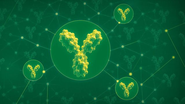 Antibody molecules shown in a green scientific illustration. 