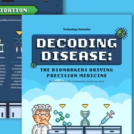 Infographic preview showing a cartoon scientist next to a ball and stick model and DNA double helix. Text reads: Decoding disease: The biomarkers driving precision medicine. 