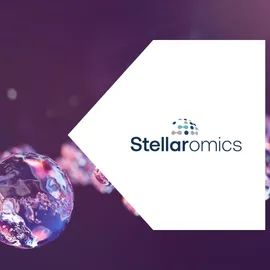 Abstract glossy spheres representing molecular interactions and innovation in multiomics, featuring the Stellaromics logo.