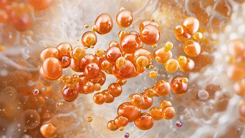 Biopharma molecules represented as orange spheres in a molecular visualization.