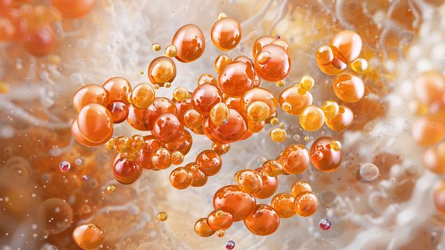 Biopharma molecules represented as orange spheres in a molecular visualization. 