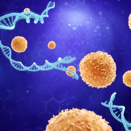 DNA strands and cells illustrating single-cell RNA sequencing of tumor tissue.