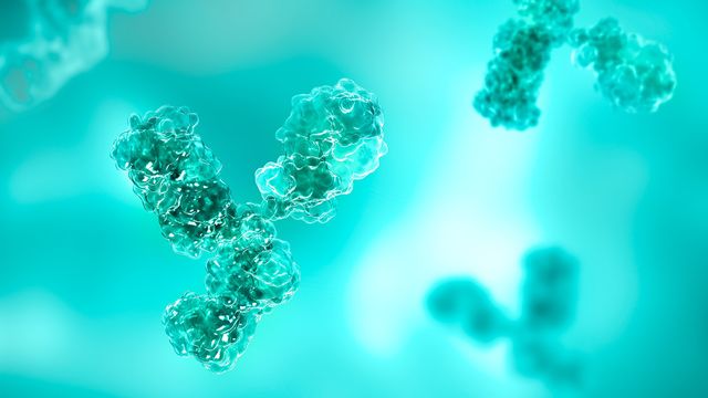 Render of a three-dimensional, Y-shaped antibody structure in suspension against a blue background. 