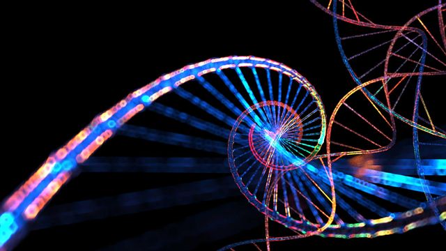 Abstract illustration of a colorful DNA double helix. The DNA is glowing on a black background. 