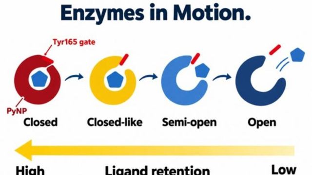 Diagram showing enzyme motion from closed to open states during ligand release. 