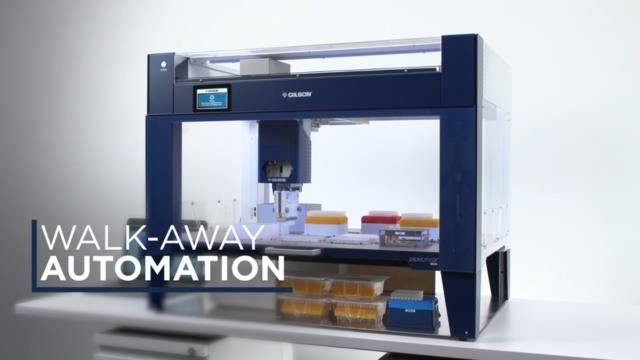 Gilson automated liquid handling system on a lab bench with the text “Walk-Away Automation.” 