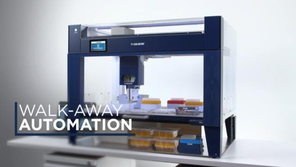 Gilson automated liquid handling system on a lab bench with the text “Walk-Away Automation.”