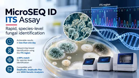 MicroSEQ ID ITS Assay graphic showing fungal cultures, DNA sequencing data and compatible genetic analyzers.