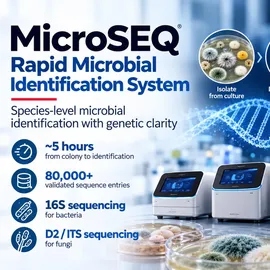 MicroSEQ rapid microbial identification workflow showing culture, DNA sequencing, analyzers and species-level results.
