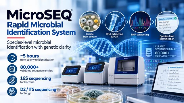 MicroSEQ rapid microbial identification workflow showing culture, DNA sequencing, analyzers and species-level results. 