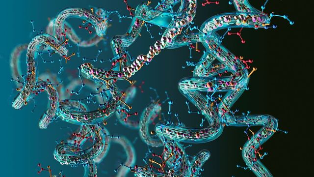 Molecular illustration of a protein structure with intertwined molecular structures against a blue background. 