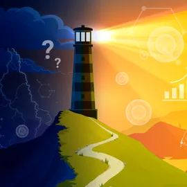 Lighthouse illuminating a path of scientific uncertainty to discovery with molecular structures, DNA and data visualizations.