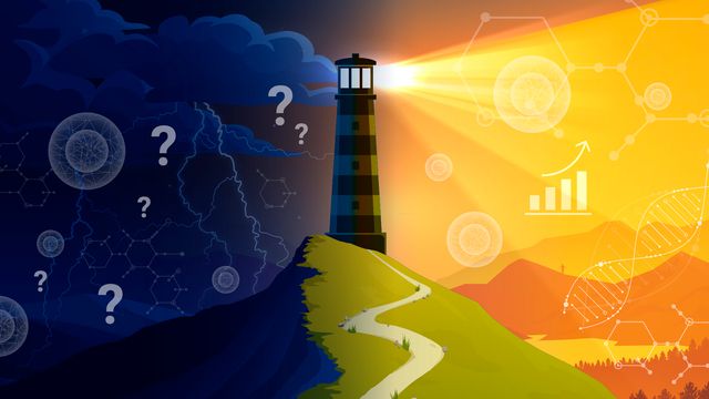 Lighthouse illuminating a path of scientific uncertainty to discovery with molecular structures, DNA and data visualizations. 