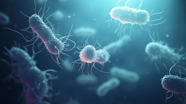 Abstract illustration of rod-shaped C. diff bacteria floating on a dark blue background. 