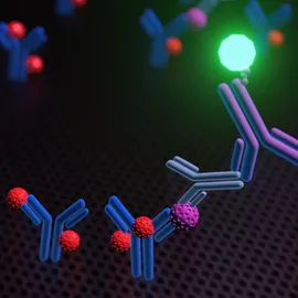 3D render of antibodies binding target molecules in an immunoassay, producing a fluorescent detection signal.