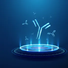 Antibodies floating above a glowing platform, illustrating antibody production for diagnostic tests at commercial scale.