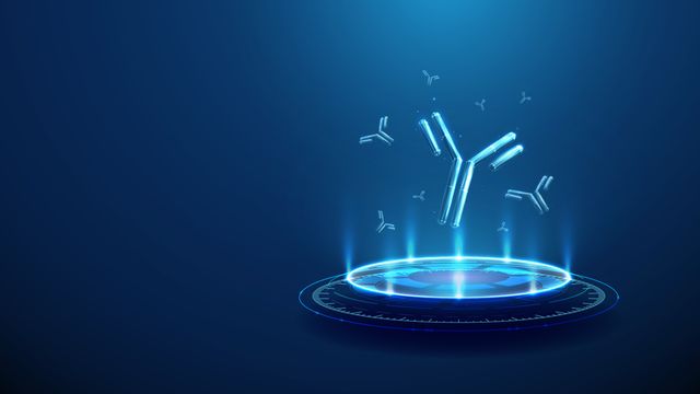 Antibodies floating above a glowing platform, illustrating antibody production for diagnostic tests at commercial scale. 
