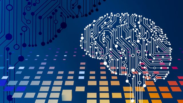 A digital illustration showing an outline of the brain, rendered in computer chip-like wires and dots. 