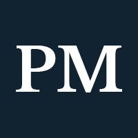 White letters "PM" on a navy background.