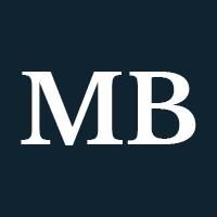 White capital M and B letters on a navy background.
