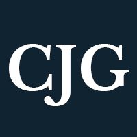 CJG logo with white bold letters on a dark blue background.