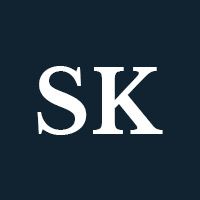 White letters "SK" on a navy background.