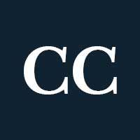 Two white capital letter Cs on a navy background.