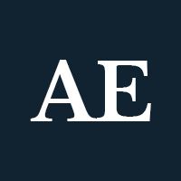 White letters "AE" on a navy background.