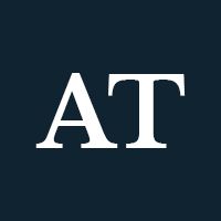 White serif “AT” logo on a dark blue square background.