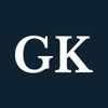 White capital G and K letters on a navy background.
