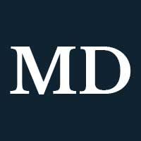 White capital M and D letters on a navy background.