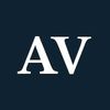 White capital A and V letters on a navy background.