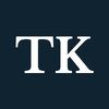 The initials T and K against a black background.